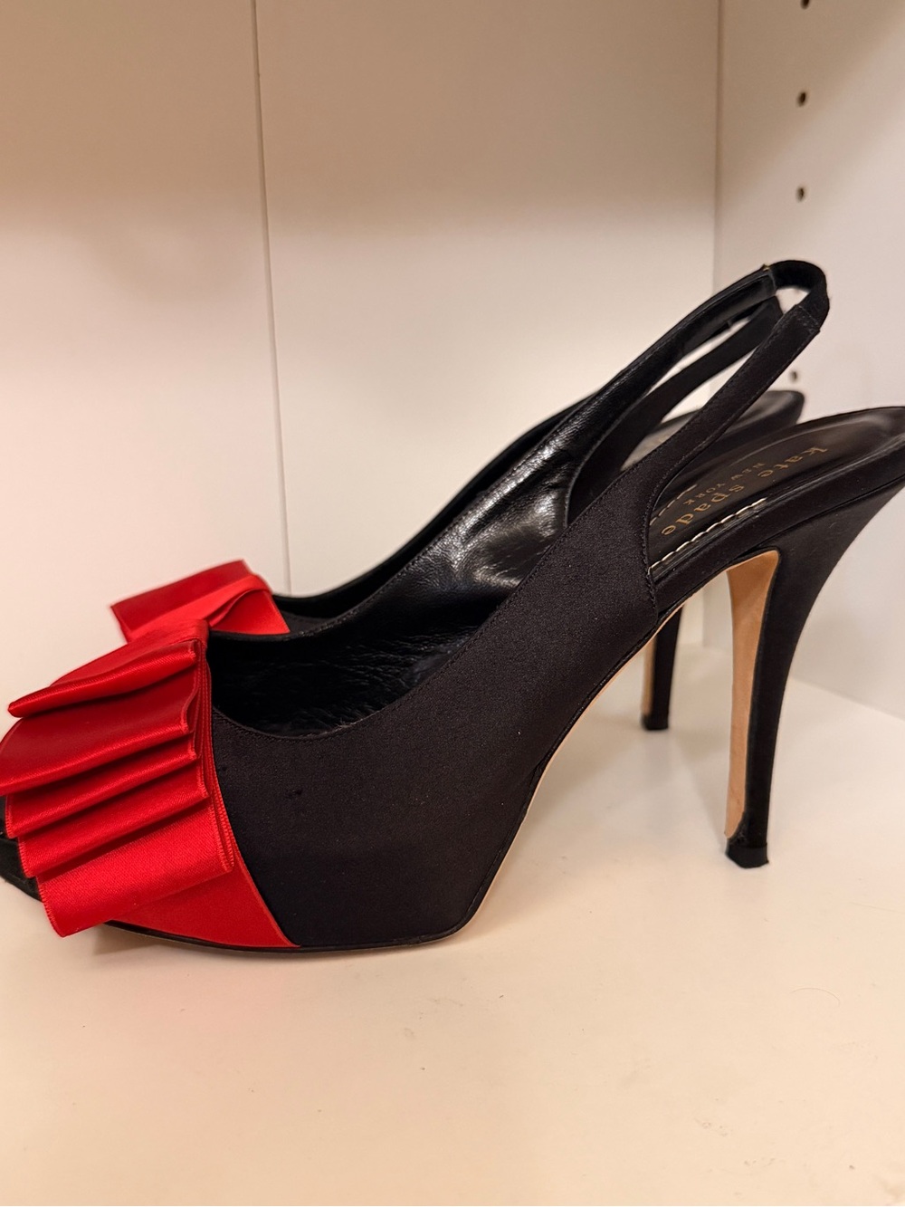 Kate Spade Black Satin with Red Bow Slingback Peep Toe High Heels 8.5